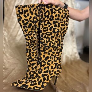 Just fab below the knee leopard print heel boots size 8